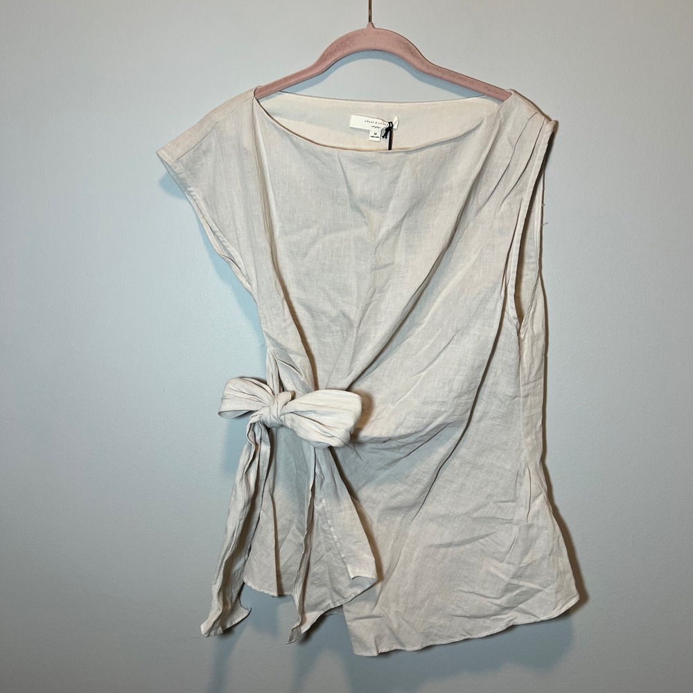 Grace & Gather Linen Blend Side Tie Bow Top Oatmeal Beige Sleeveless M NWT